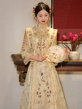 В древнем китайском стиле, Блестящее свадебное платье с блестками цвета шампанского, украшенное бисером, кисточки, Чонсам, Женская восточная вечеринка, Ципао