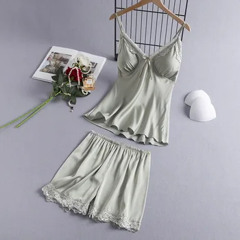 Комплект из двух предметов, летняя кружевная пижама в стиле пэчворк, женская атласная ночная рубашка с V-образным вырезом, комплект для сна, женская одежда, домашняя одежда