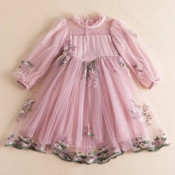 Весенние платья принцессы для девочек 2-6, 8 лет, Осенние детские платья из тюля с цветочным рисунком, Элегантное праздничное платье, детская повседневная одежда