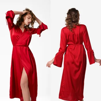 Женское платье-кимоно с милым бантом, Бордовый длинный свадебный халат для новобрачных, сексуальная ночная рубашка с V-образным вырезом, весенне-осенняя повседневная одежда для сна