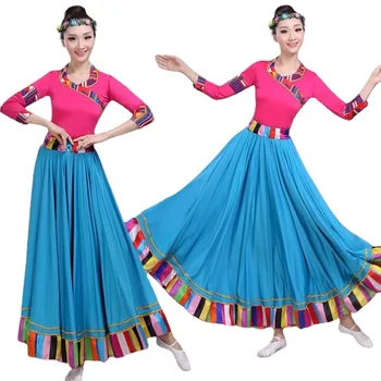 Новый китайский традиционный костюм Одежда для сценических танцев Народные костюмы Представление Фестиваль Тибетский наряд Длинные юбки для женщин Танцы