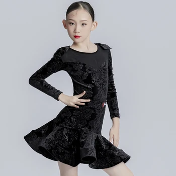 2023 Новые костюмы для латиноамериканских танцев для девочек, черные топы с длинными рукавами и юбки, раздельный костюм, одежда для латиноамериканских танцев DN14498
