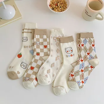 Носки Каваи Японская милая девушка Носки с мультяшным медведем в тюбике Кружевные Носки цвета Хаки Белые носки Женские носки