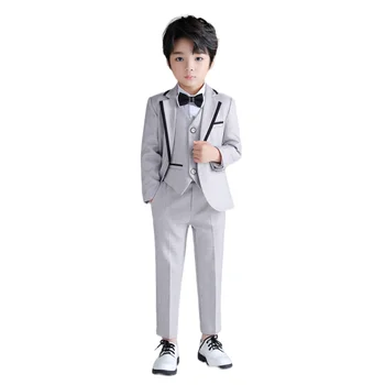 Стильный комплект вечернего костюма для мальчика, детский смокинг для вечеринки из 4 предметов, куртка, жилет, брюки с галстуком-бабочкой, приталенный костюм для мальчика