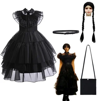 Детский костюм для косплея Wednesday на Хэллоуин, парик для девочек, Кружевное платье для косплея Wednesday Addams, винтажная черная ткань с готическим принтом