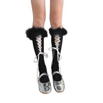 Xingqing 2000-е Эстетичные женские носки в стиле Лолиты, милые кавайные гольфы с перекрестной завязкой, чулки с меховой отделкой в балетном стиле
