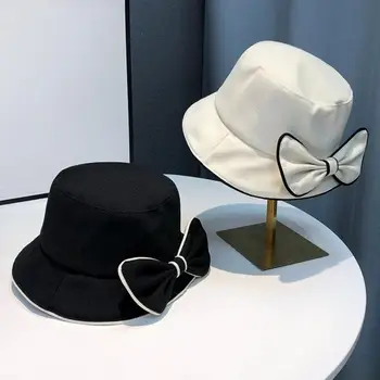 Женская широкополая шляпа с плоским верхом, декор в виде банта, Контрастный цвет, Дышащий Мягкий солнцезащитный крем, Декоративная элегантная рыбацкая шляпа, головной убор