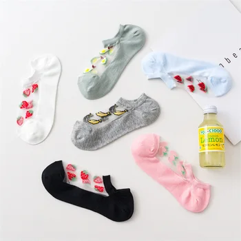 6 Пар женских повседневных летних забавных носков Прозрачные Носки до щиколоток с фруктовым принтом Harajuku, дышащие невидимые носки для школьниц